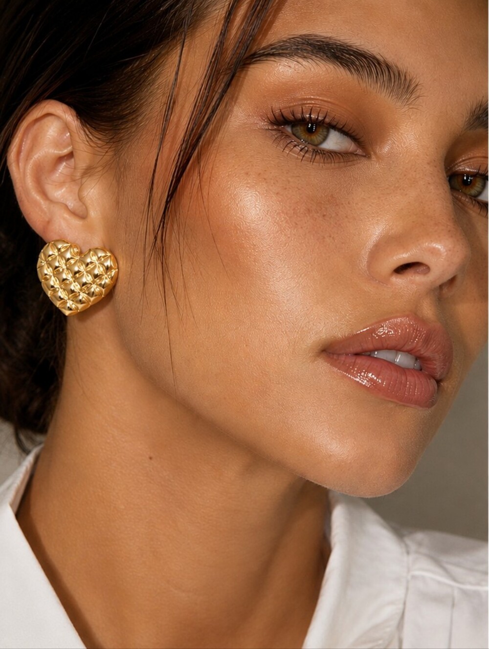 NWT Gold Quilted Heart Statement Earrings Anti-Tarnish Stainless Steel Lrg Studs